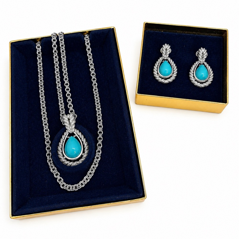 Avon Turquoise Blue Teardrop Necklace Earrings Set Silver Tone New in Box